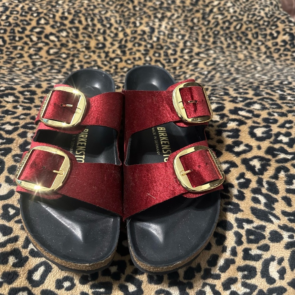 Birkenstock Burgundy Sandals with Gold Buckles
